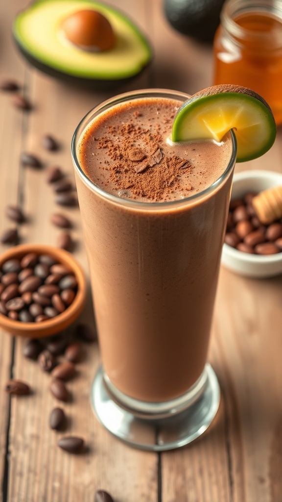 A creamy chocolate avocado smoothie in a glass, garnished with cocoa powder and avocado slice, on a wooden table.